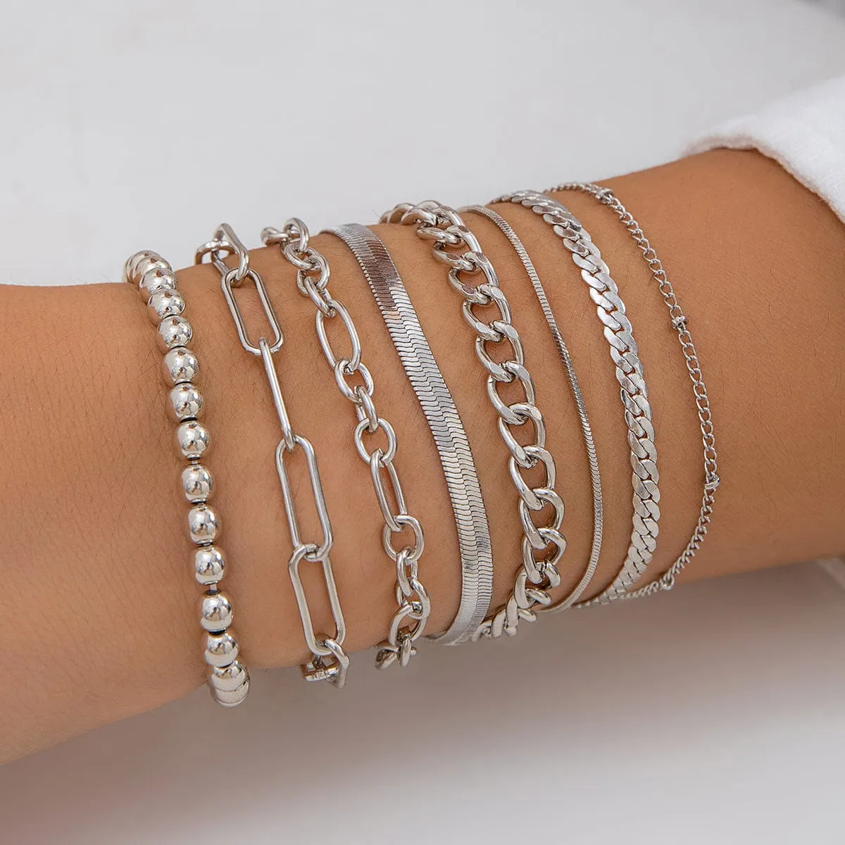 Boho 8 Pcs Gold Silver Plated Cable Chain Stackable Bracelet Set