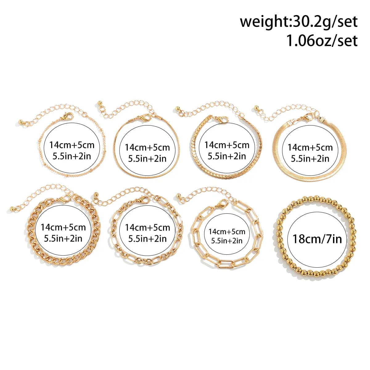 Boho 8 Pcs Gold Silver Plated Cable Chain Stackable Bracelet Set