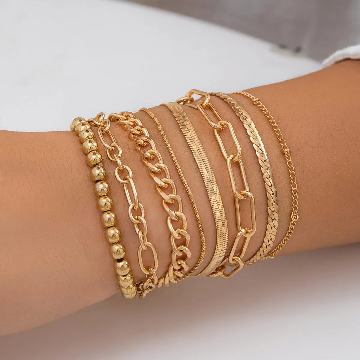 Boho 8 Pcs Gold Silver Plated Cable Chain Stackable Bracelet Set