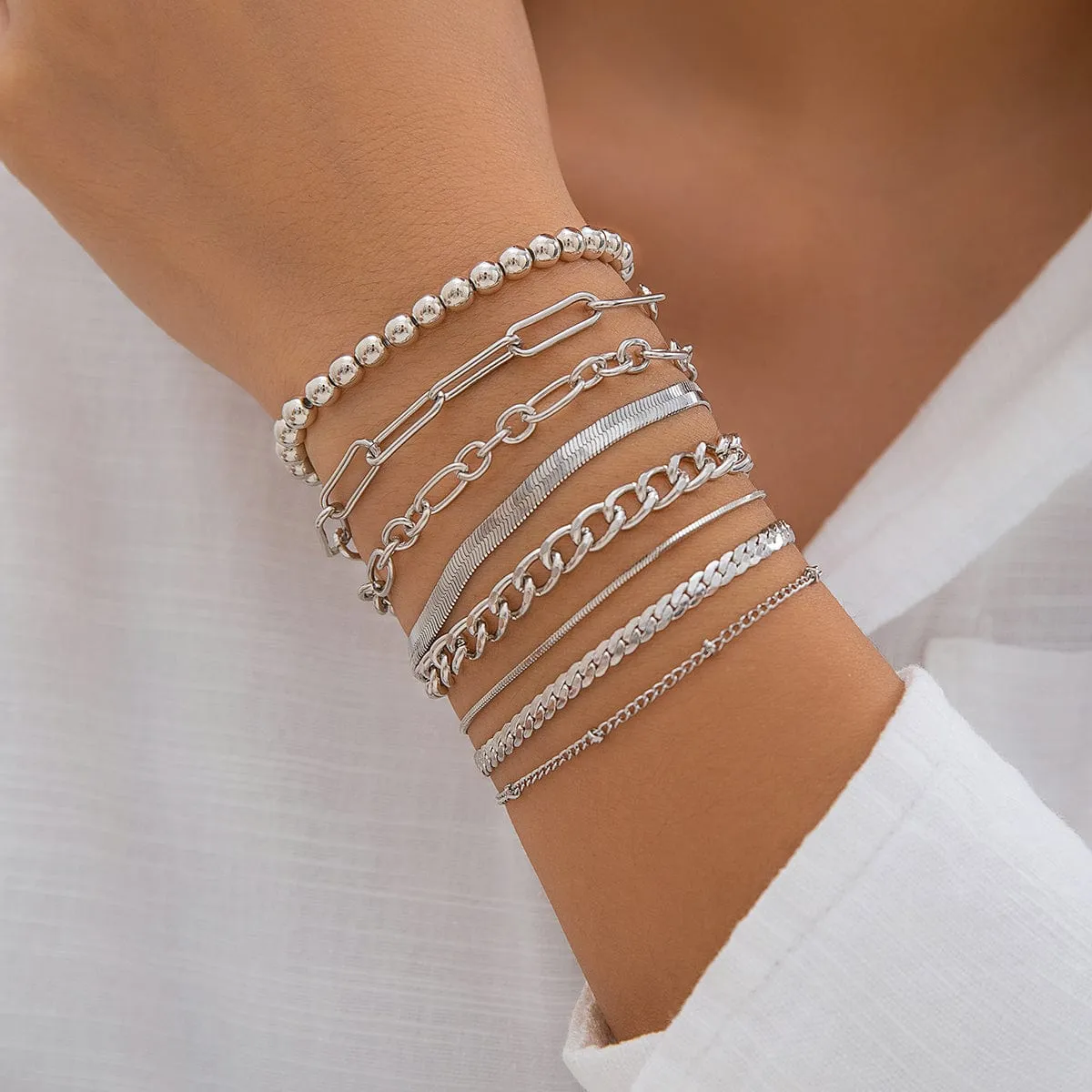 Boho 8 Pcs Gold Silver Plated Cable Chain Stackable Bracelet Set
