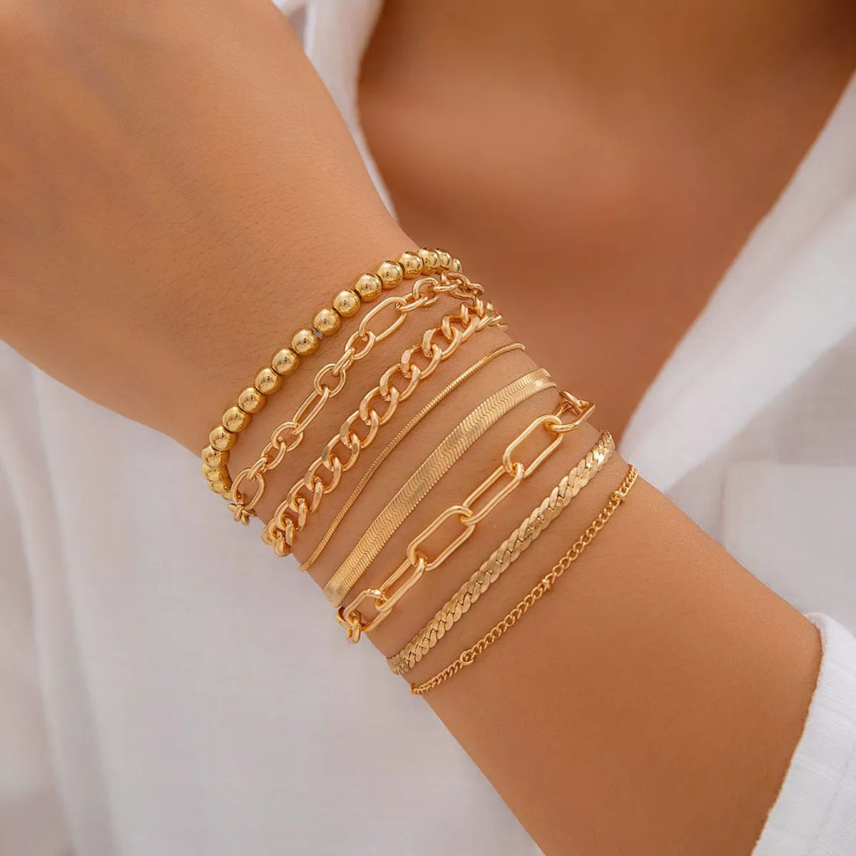 Boho 8 Pcs Gold Silver Plated Cable Chain Stackable Bracelet Set