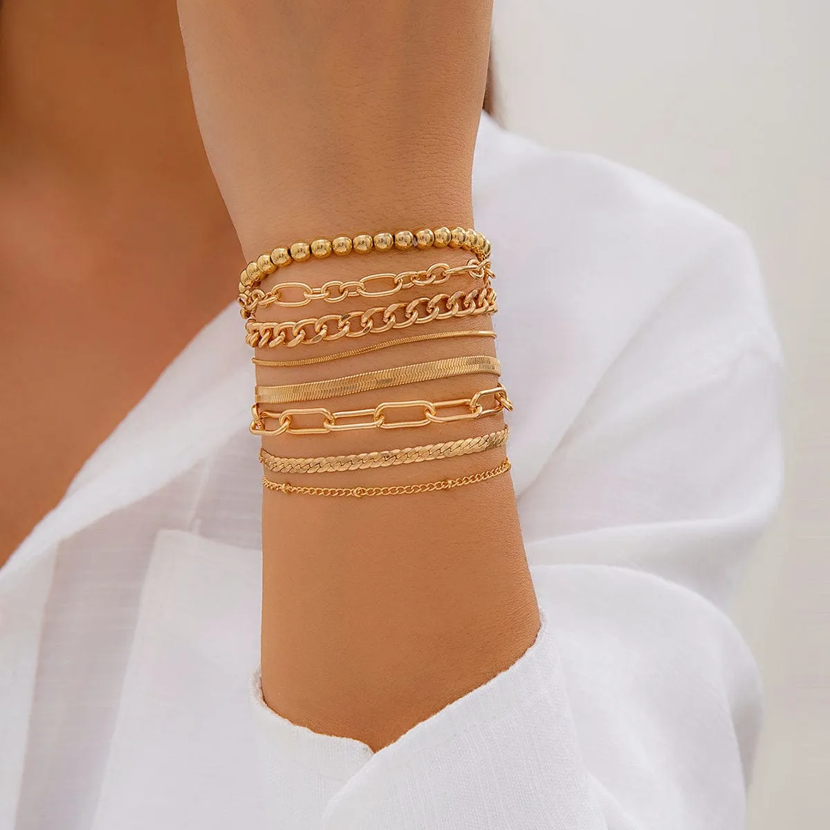 Boho 8 Pcs Gold Silver Plated Cable Chain Stackable Bracelet Set