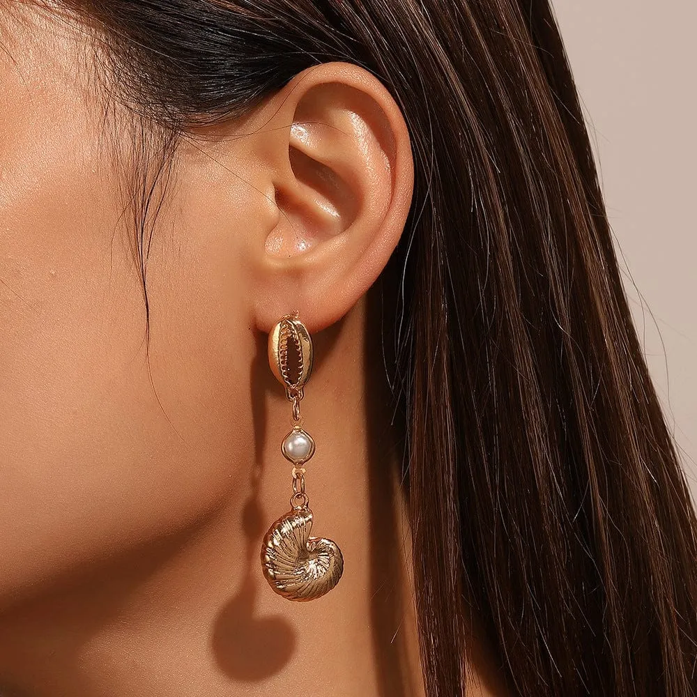 Boho Pearl Charm Metallic Conch Shell Earrings