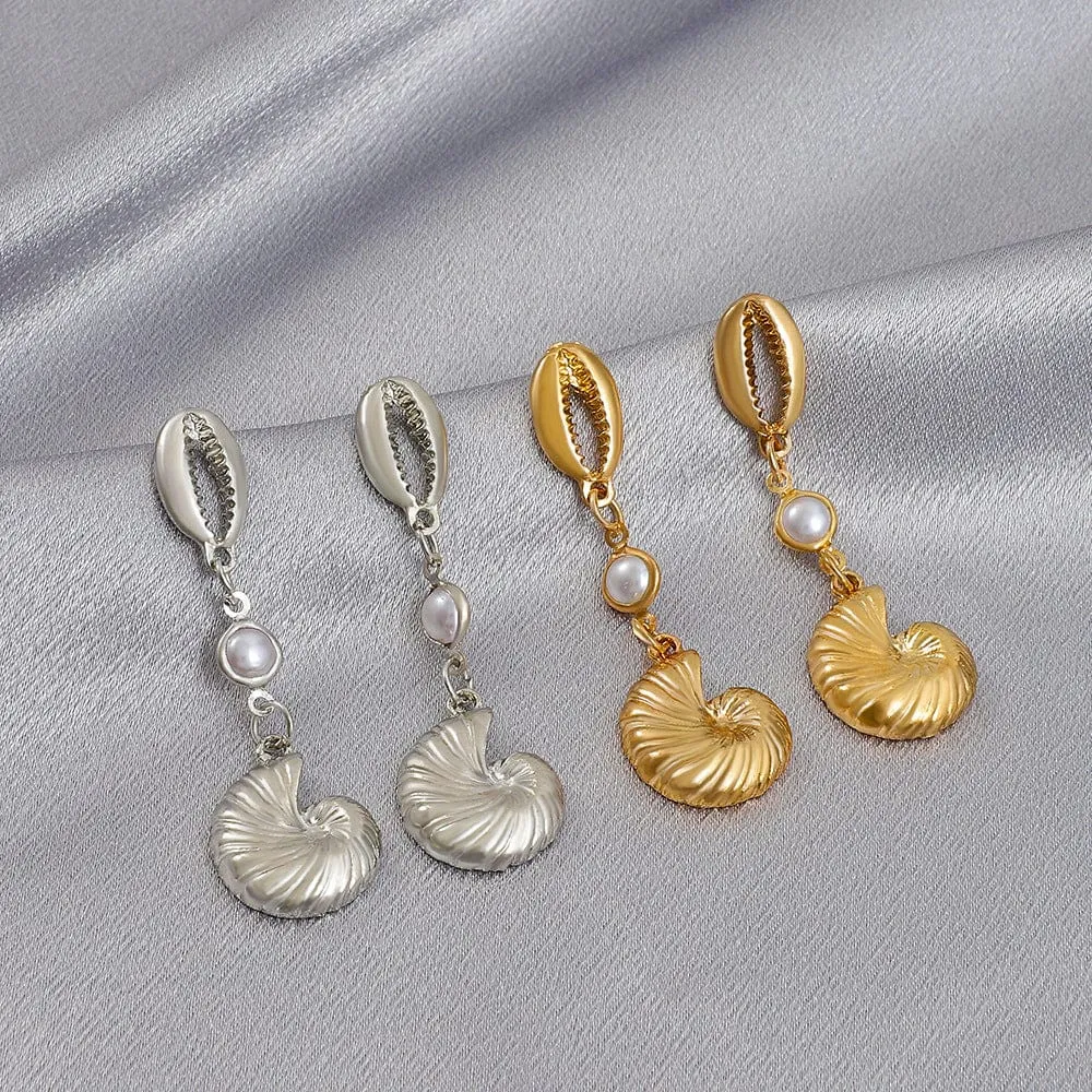 Boho Pearl Charm Metallic Conch Shell Earrings