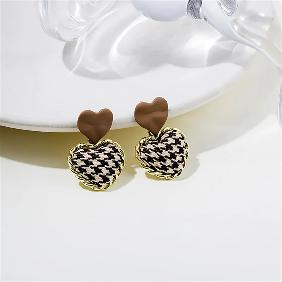 Brown Enamel & Polyster 18K Gold-Plated Checkboard Heart Drop Earrings