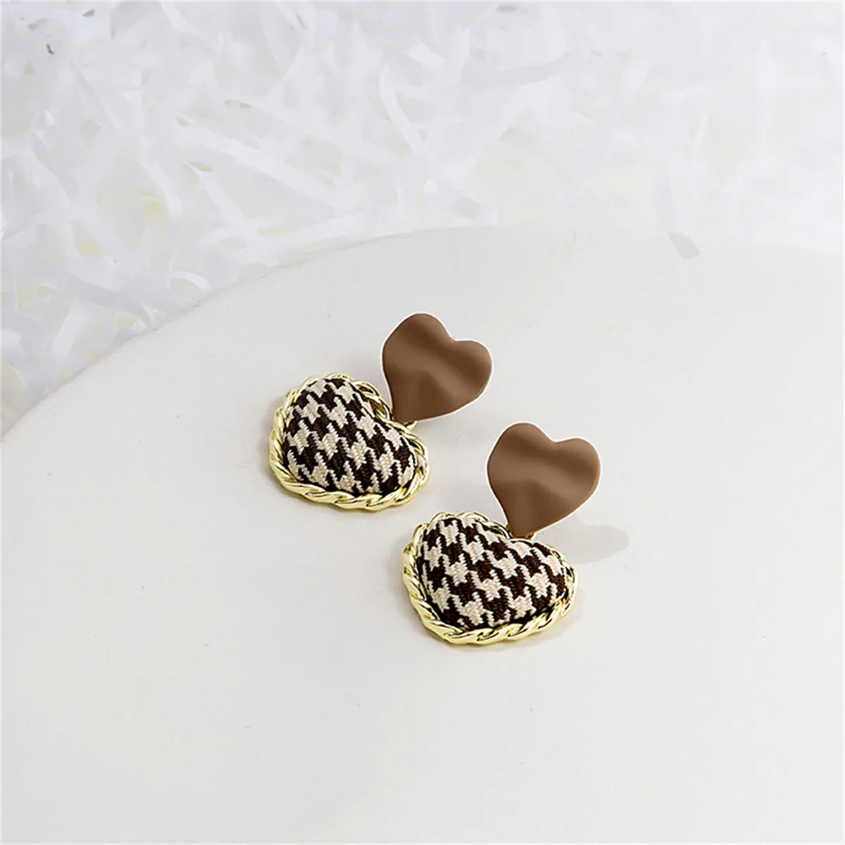 Brown Enamel & Polyster 18K Gold-Plated Checkboard Heart Drop Earrings