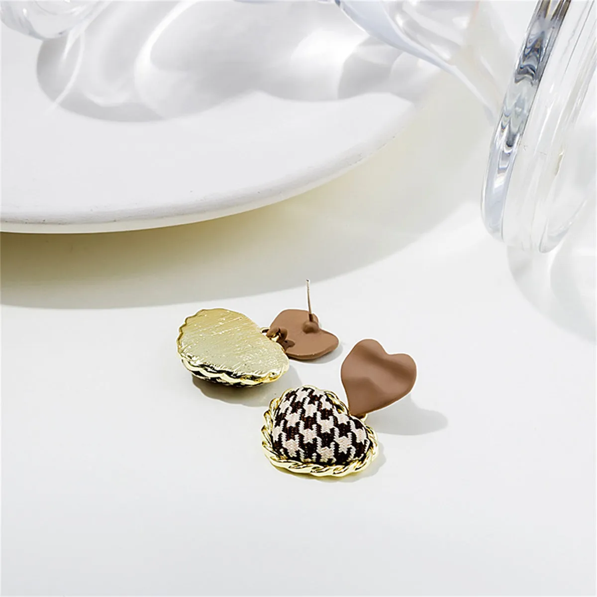 Brown Enamel & Polyster 18K Gold-Plated Checkboard Heart Drop Earrings