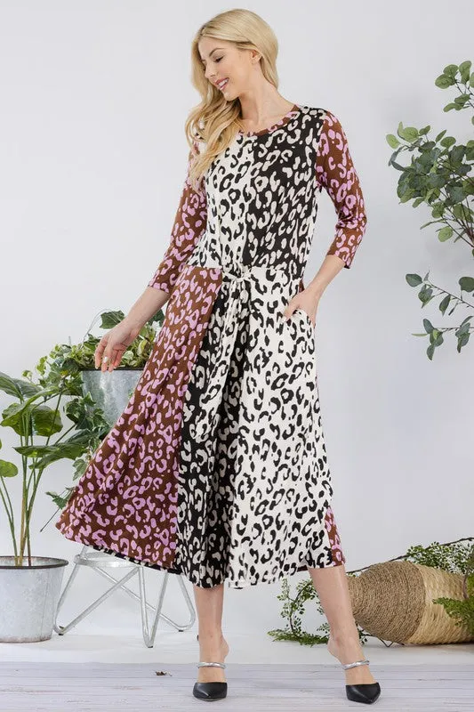 Celeste Full Size Leopard Color Block Front Tie Midi Dress Plus Size