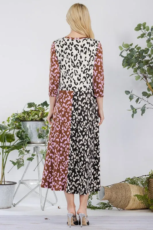 Celeste Full Size Leopard Color Block Front Tie Midi Dress Plus Size