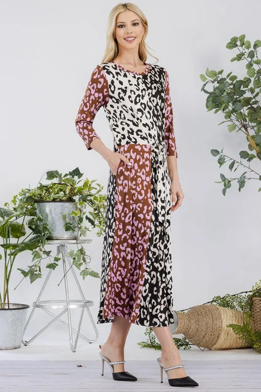 Celeste Full Size Leopard Color Block Front Tie Midi Dress Plus Size