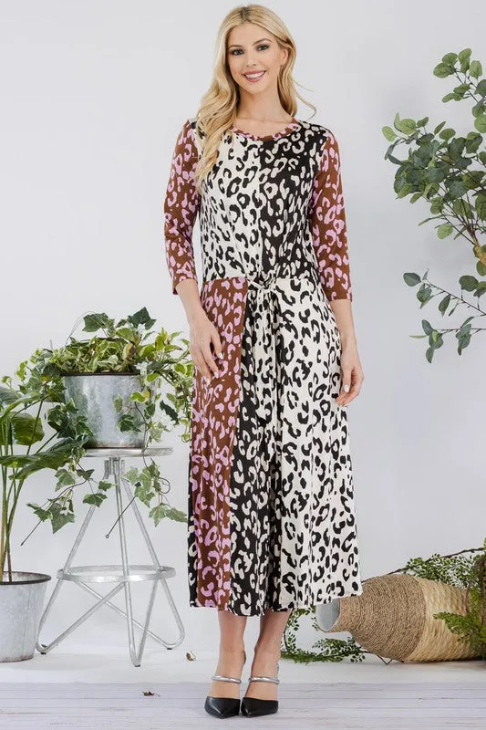 Celeste Full Size Leopard Color Block Front Tie Midi Dress Plus Size