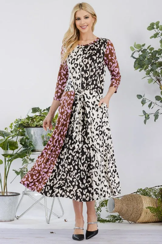 Celeste Full Size Leopard Color Block Front Tie Midi Dress Plus Size
