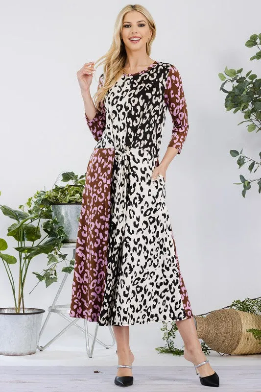 Celeste Full Size Leopard Color Block Front Tie Midi Dress Plus Size
