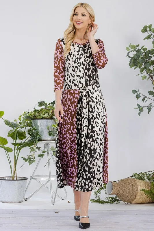 Celeste Full Size Leopard Color Block Front Tie Midi Dress Plus Size