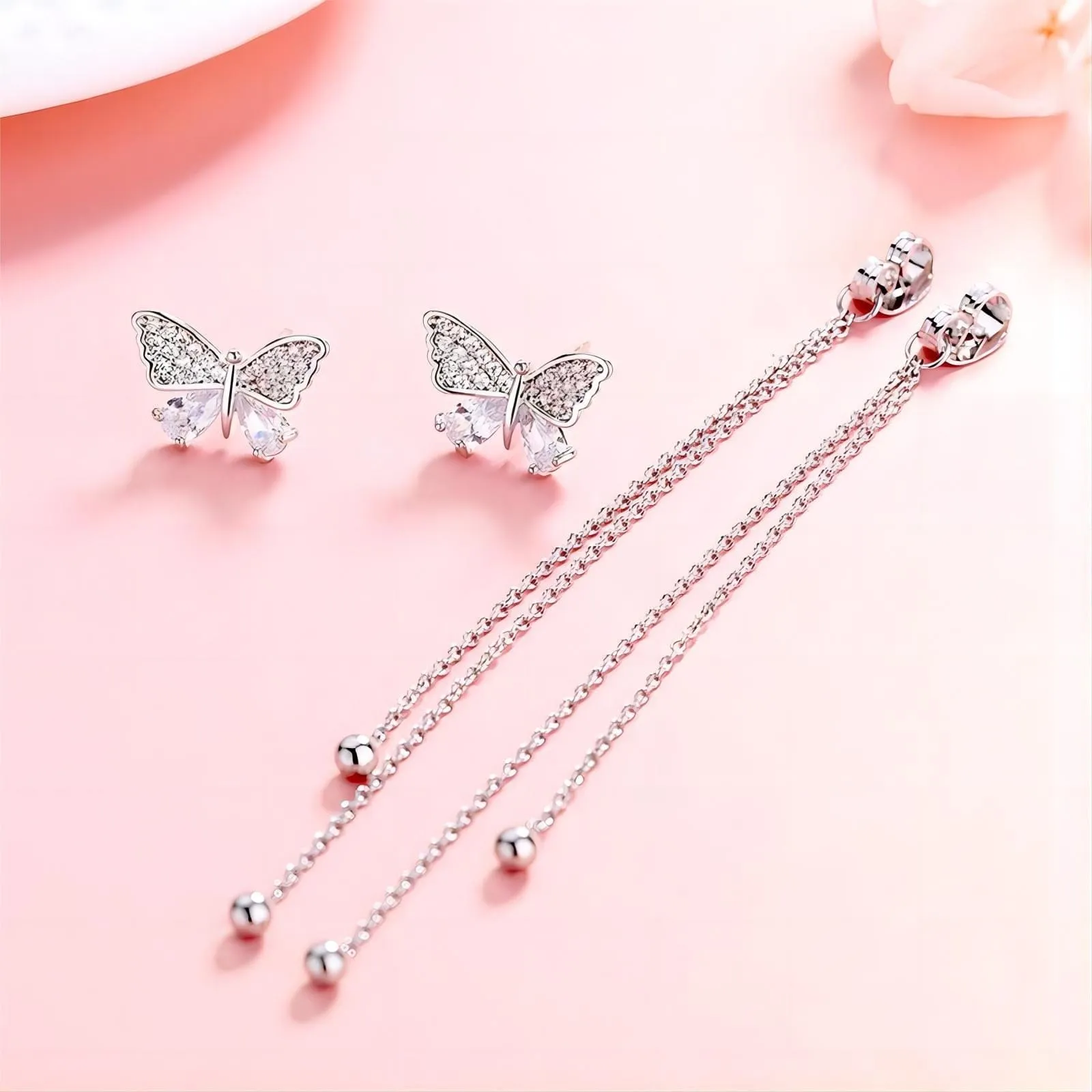 Chic CZ Inlaid Detachable Butterfly Tassel Earrings
