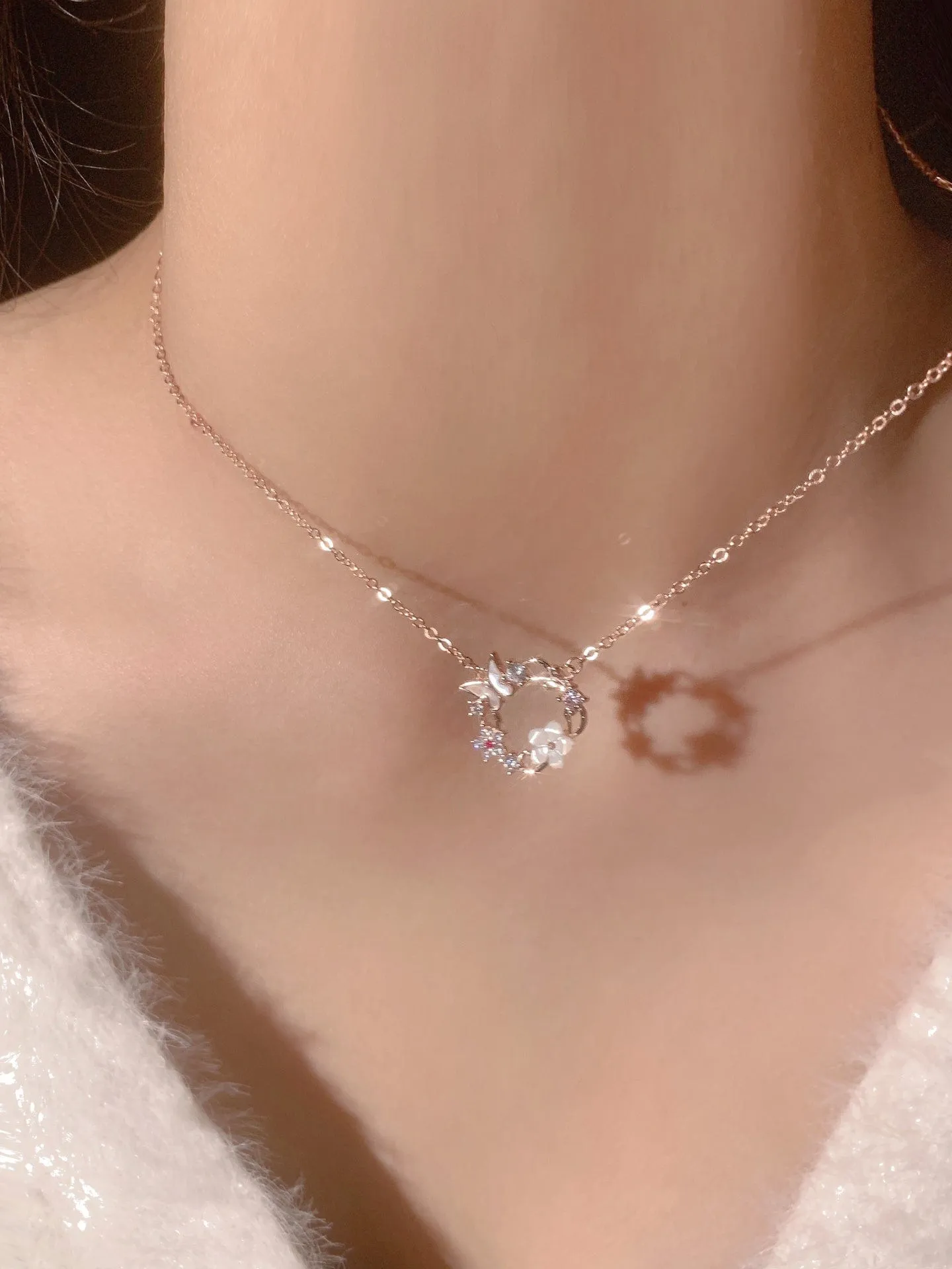 Chic CZ Inlaid Natural Pearl Shell Butterfly Floral Necklace