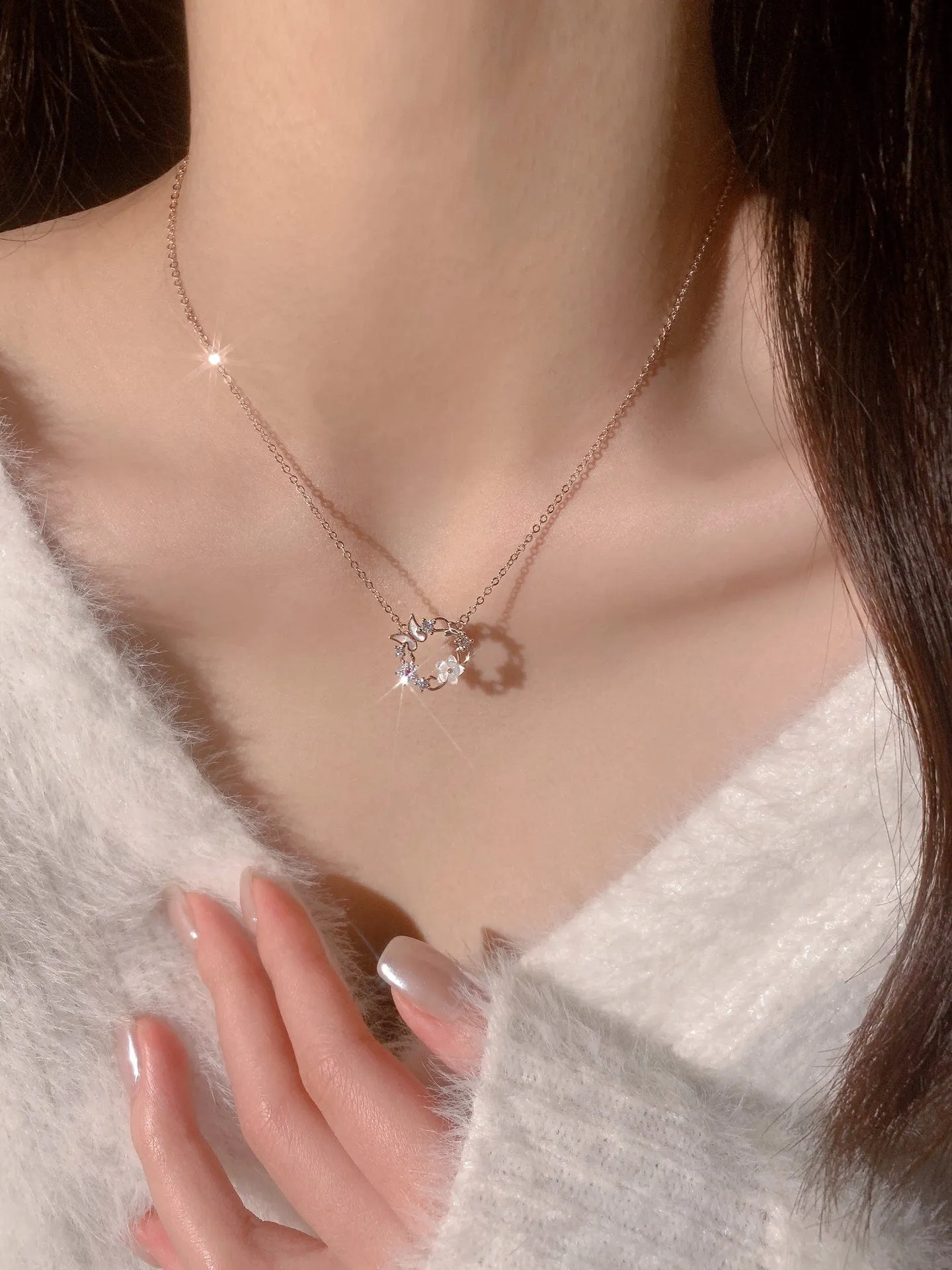 Chic CZ Inlaid Natural Pearl Shell Butterfly Floral Necklace