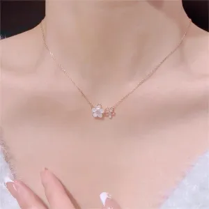 Chic CZ Inlaid Natural Pearl Shell Duo Cherry Blossom Necklace