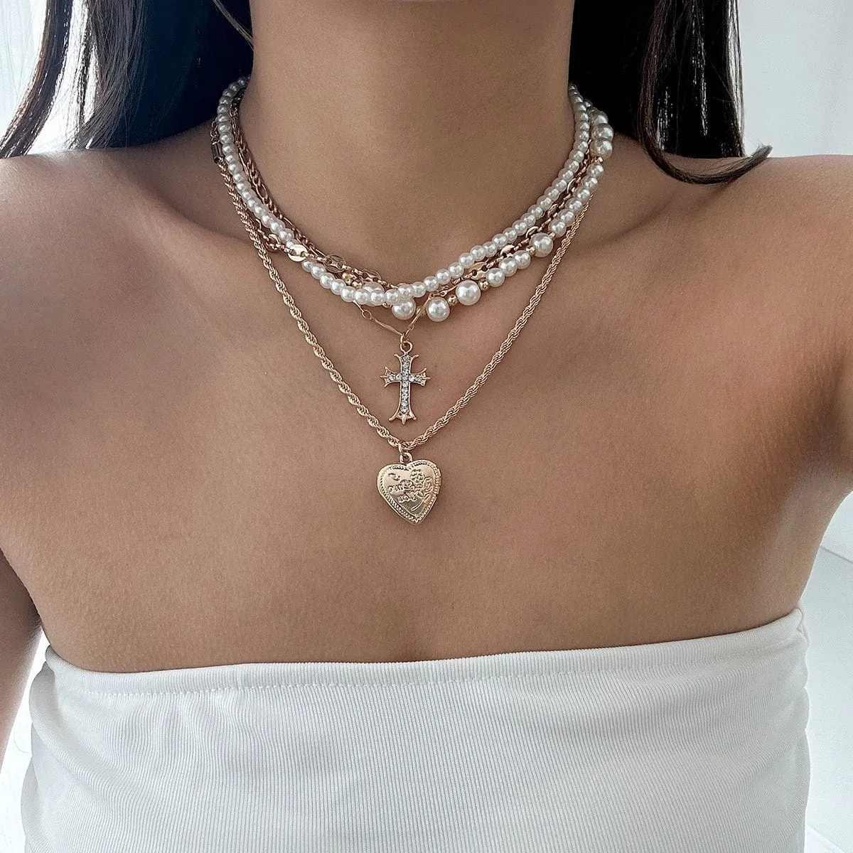 Chic Layered Crystal Inlaid Cross Heart Pendant Pearl Chain Necklace Set