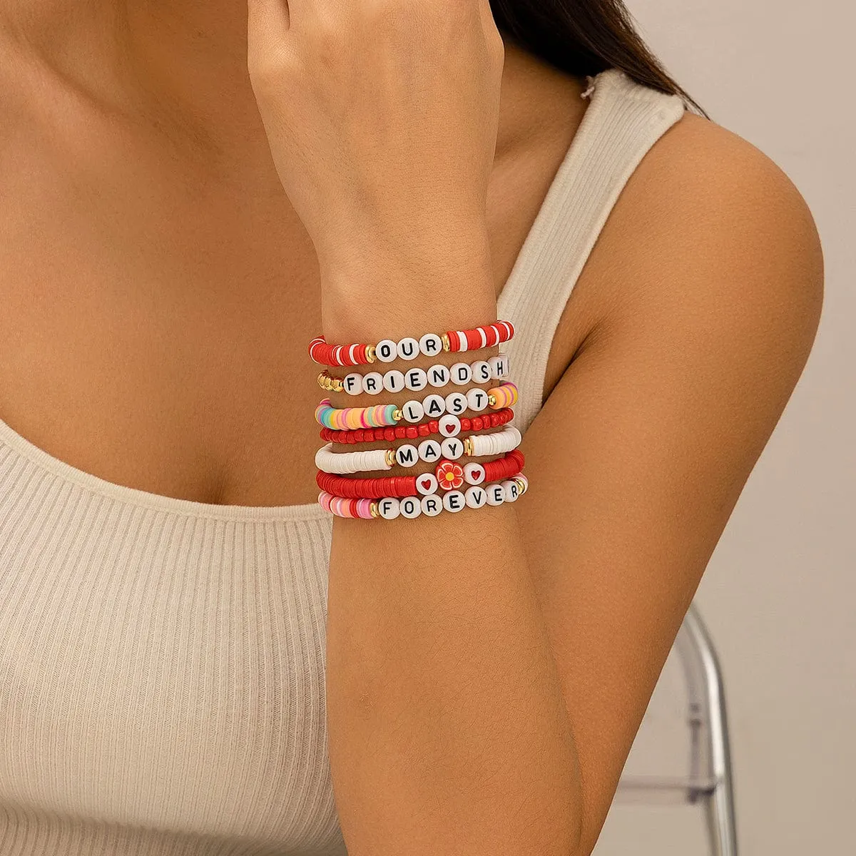 Chic Layered Flower Letter Polymer Clay Beaded Friendship Bracelet Set