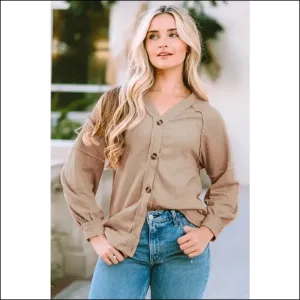 Chic V-Neck Waffle Knit Button Down Shirt