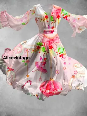 Christmas Retro Art Print V Neck Elegant Chic Long Sleeve Flowing Midi Dress