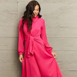 Collared Neck Long Sleeve Twisted Midi Dress