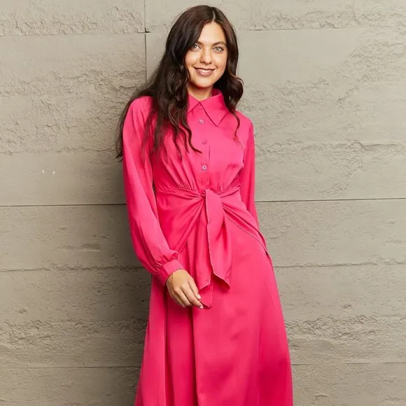 Collared Neck Long Sleeve Twisted Midi Dress