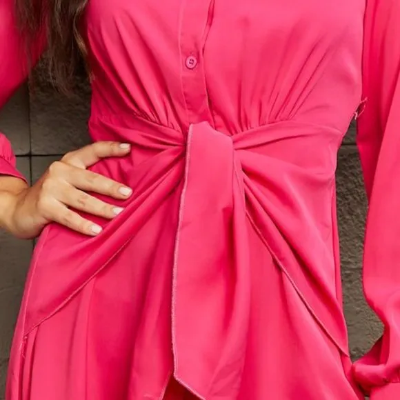 Collared Neck Long Sleeve Twisted Midi Dress