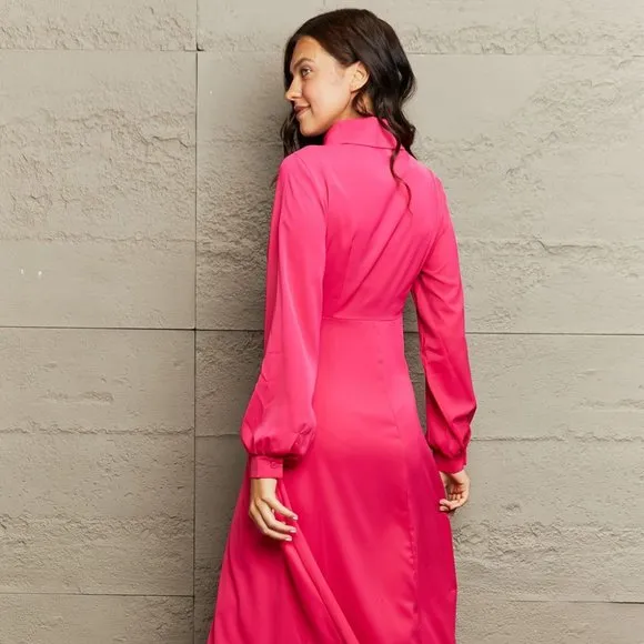 Collared Neck Long Sleeve Twisted Midi Dress