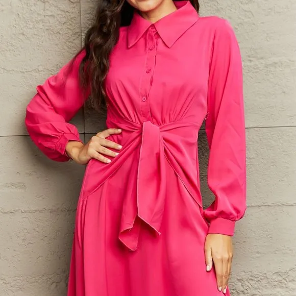 Collared Neck Long Sleeve Twisted Midi Dress