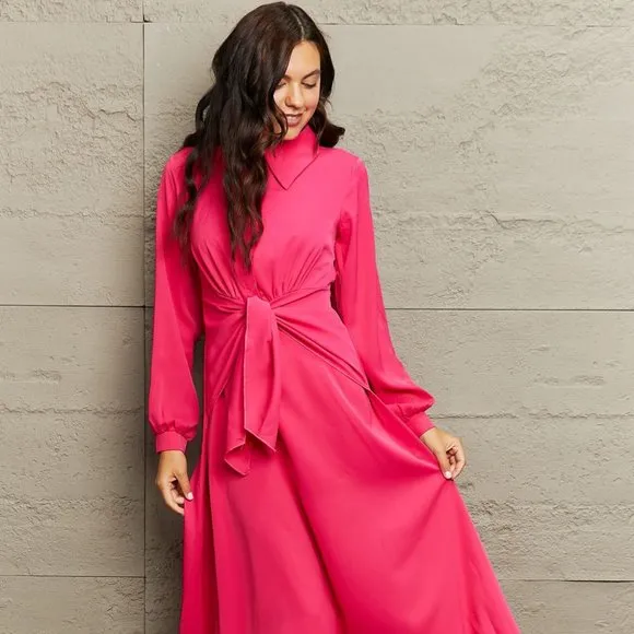 Collared Neck Long Sleeve Twisted Midi Dress