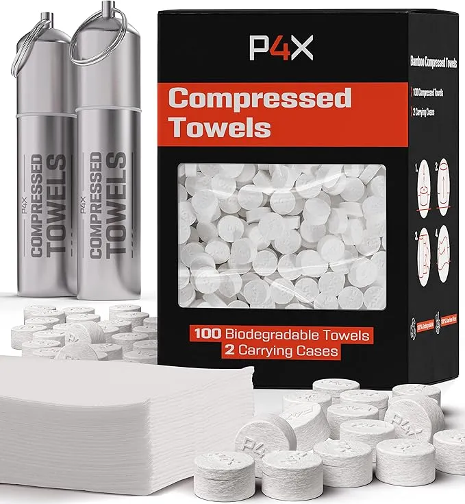 Compressed Towel Tablets - 100% Bamboo Camping Toilet Paper Tablets, Great for Hiking, Travel and Backpacking - Disposable Washcloths, Body Wipes, Paper Towel Coin Tissue - 100/250/500 Pack with Metal Waterproof Cases