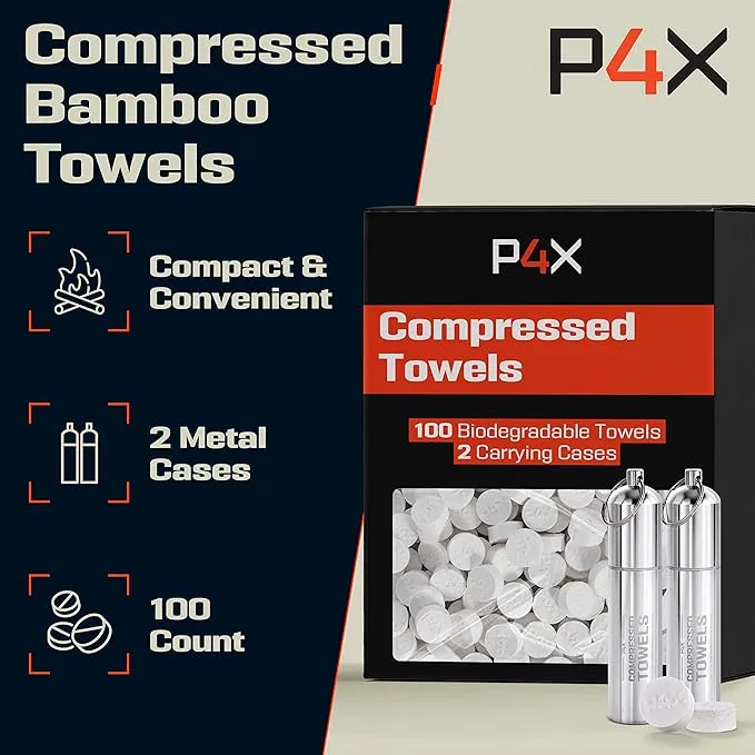 Compressed Towel Tablets - 100% Bamboo Camping Toilet Paper Tablets, Great for Hiking, Travel and Backpacking - Disposable Washcloths, Body Wipes, Paper Towel Coin Tissue - 100/250/500 Pack with Metal Waterproof Cases