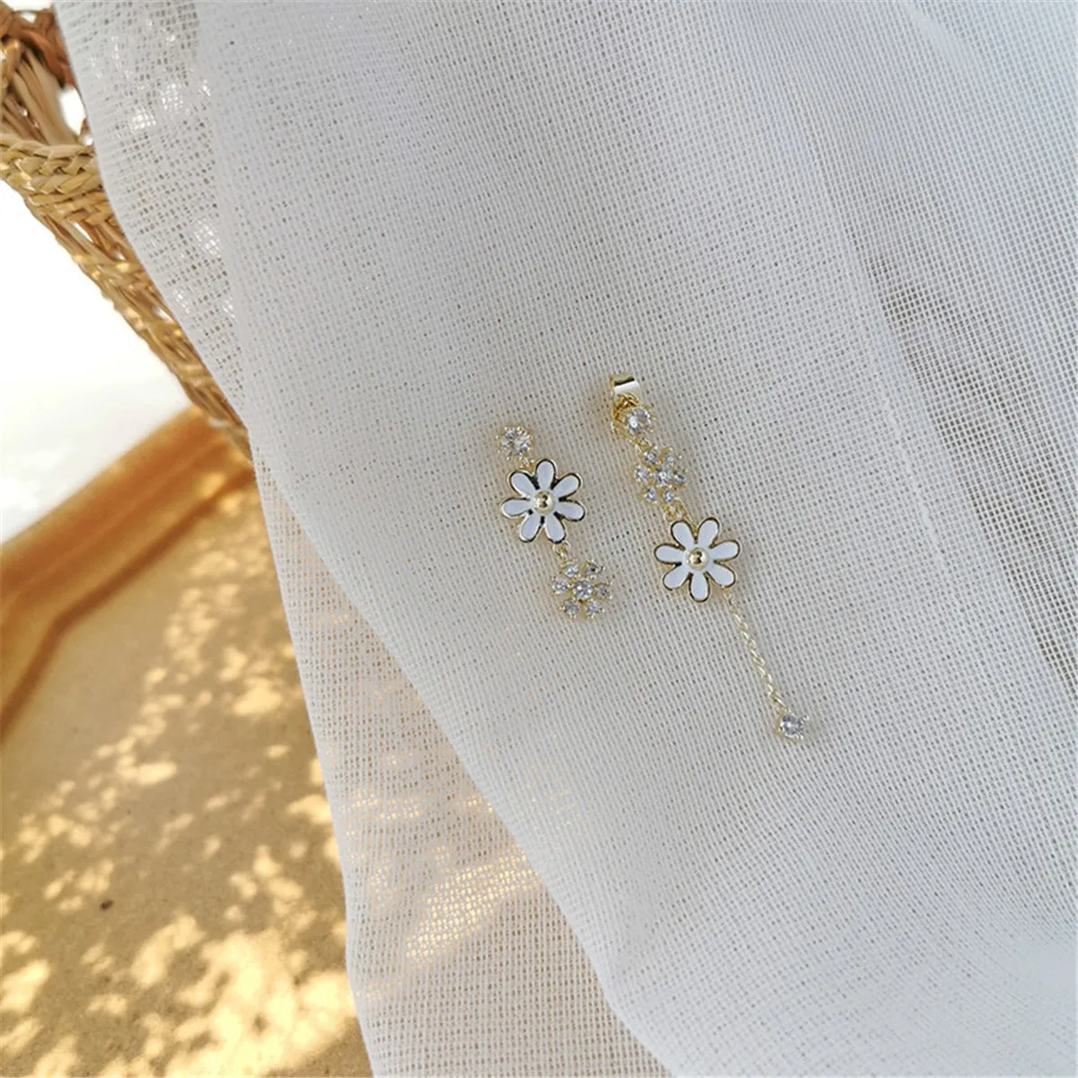 Cubic Zirconia & 18K Gold-Plated Floral Asymmetrical Drop Earrings