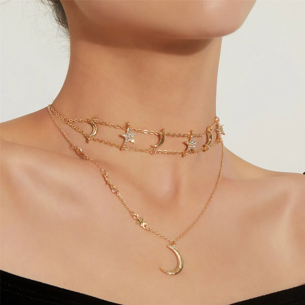 Cubic Zirconia & 18K Gold-Plated Star Moon Layered Pendant Necklace