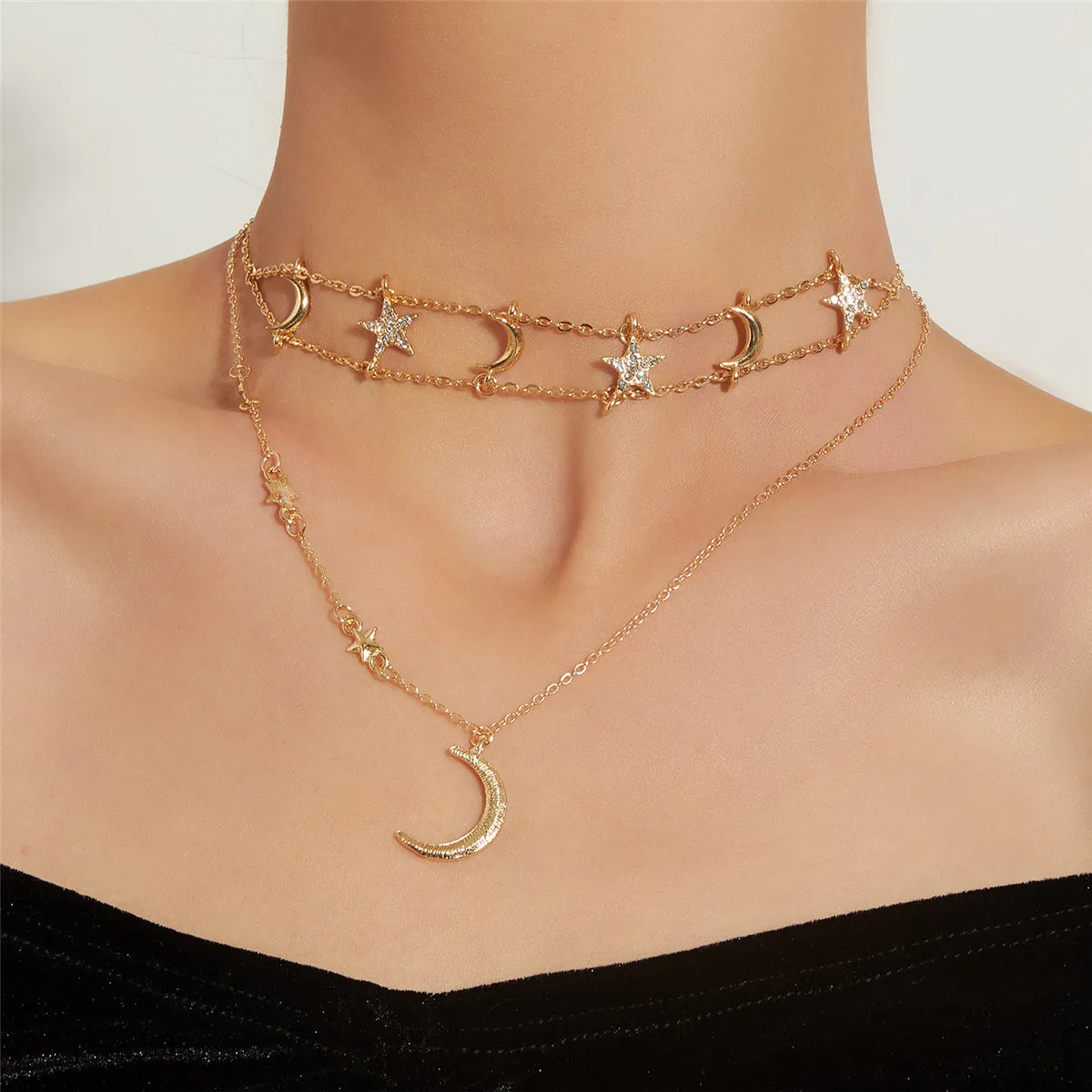 Cubic Zirconia & 18K Gold-Plated Star Moon Layered Pendant Necklace