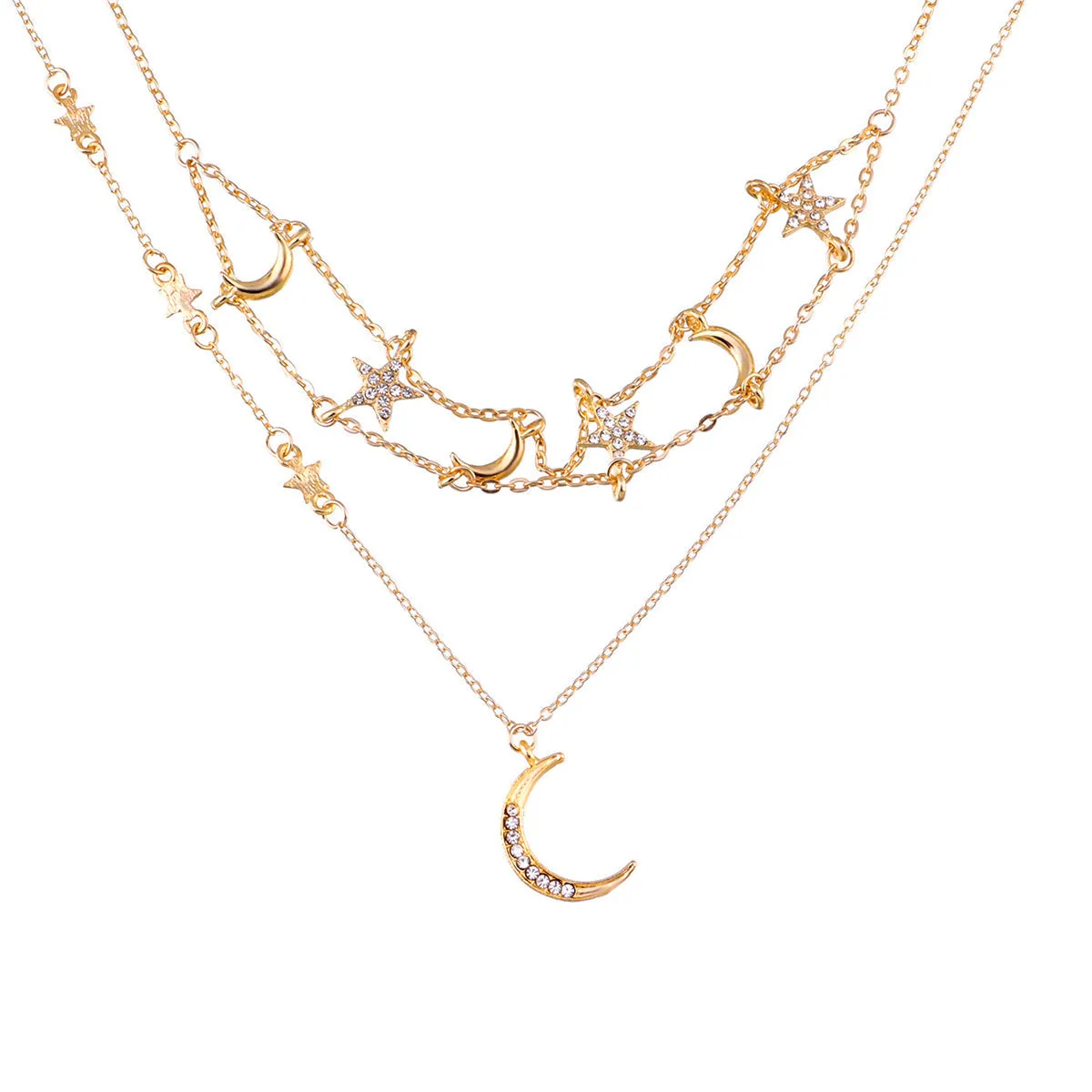 Cubic Zirconia & 18K Gold-Plated Star Moon Layered Pendant Necklace
