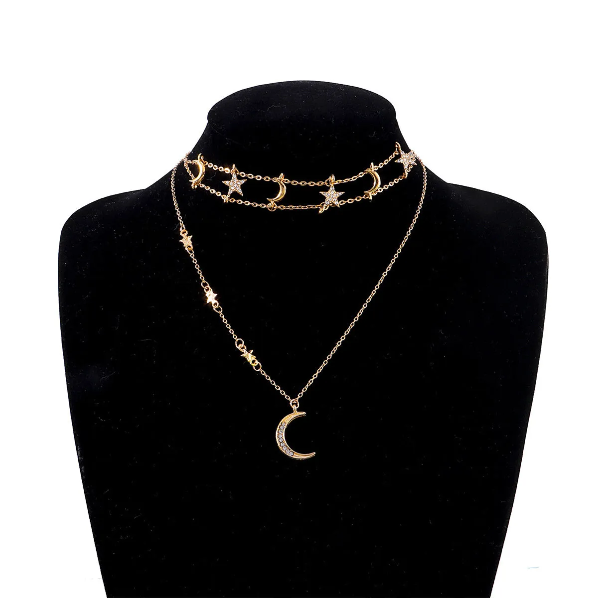 Cubic Zirconia & 18K Gold-Plated Star Moon Layered Pendant Necklace