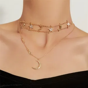 Cubic Zirconia & 18K Gold-Plated Star Moon Layered Pendant Necklace