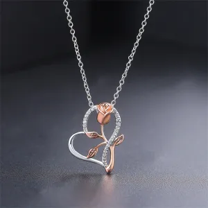 Cubic Zirconia & Two-Tone Floral Heart Pendant Necklace