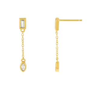 CZ Baguette X Teardrop Chain Drop Stud Earring