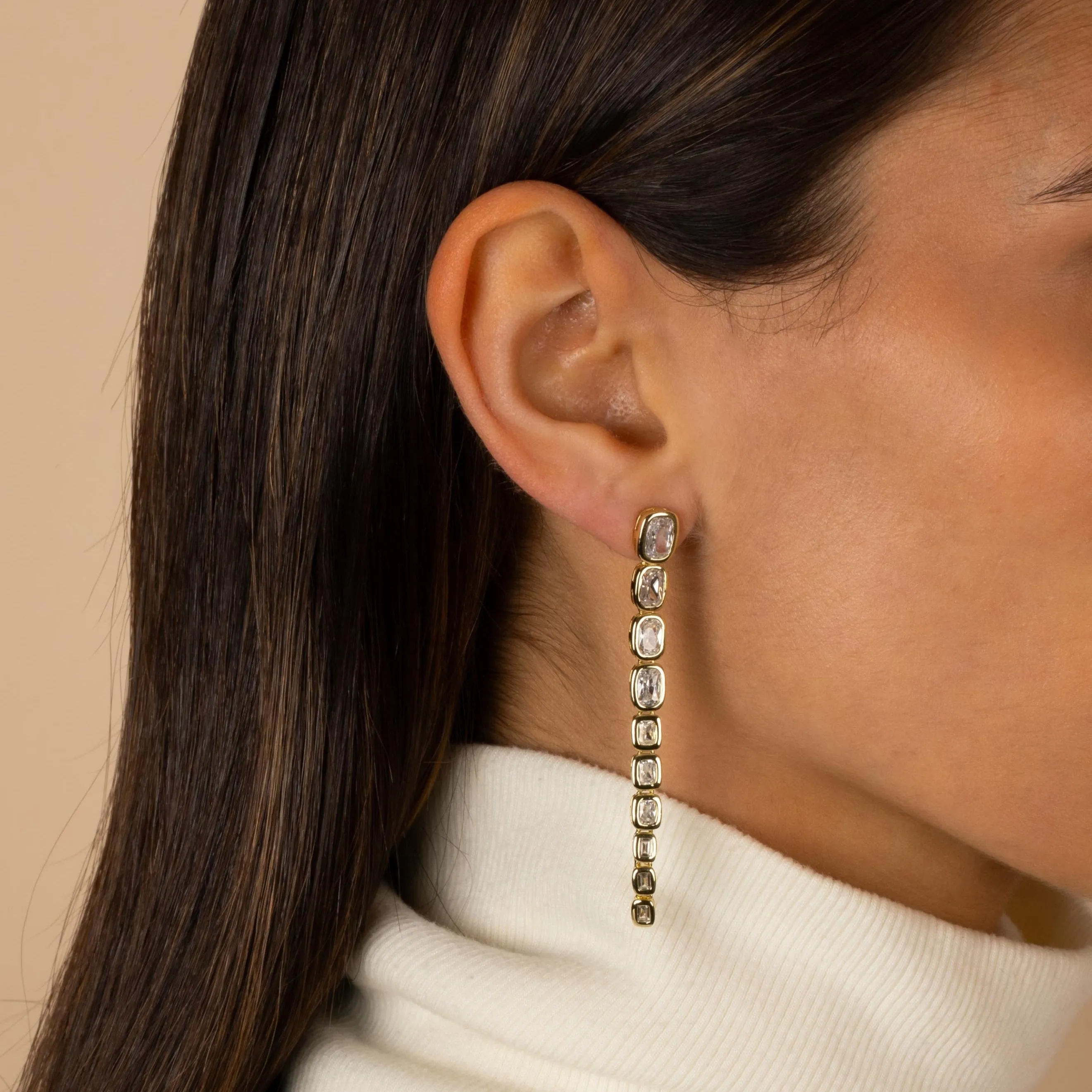 CZ Bezel Baguette Graduated Drop Stud Earring