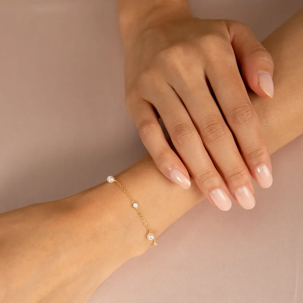 CZ Bezel X Dangling Pearl Bracelet