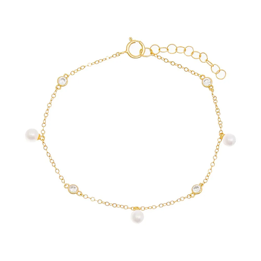 CZ Bezel X Dangling Pearl Bracelet