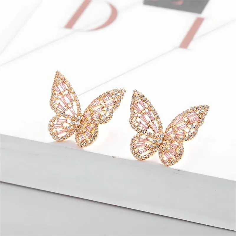 CZ Inlaid Hollowed-out Butterfly S925 Earposts Stud Earrings