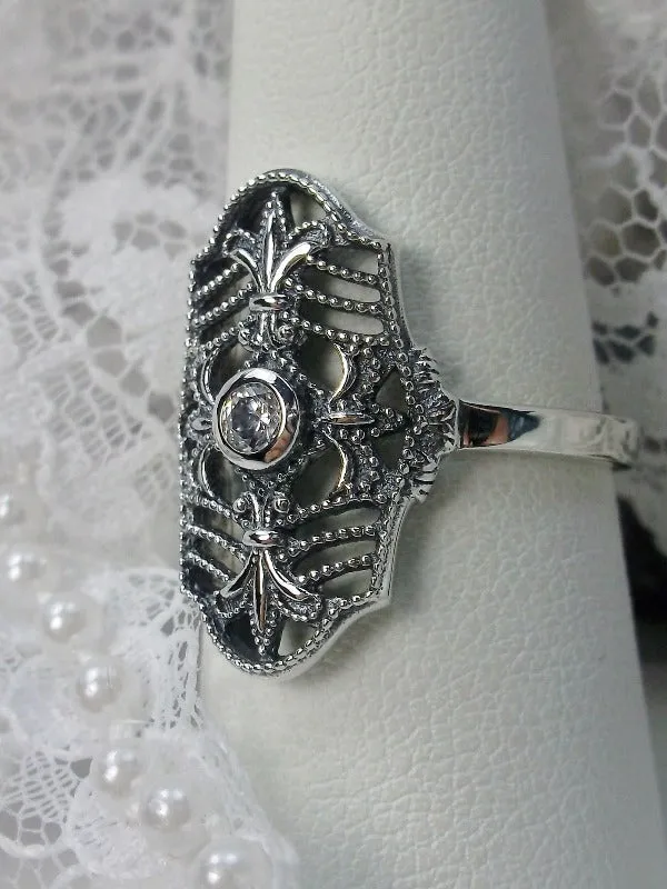 D216, Fleur de Lis Ring, Natural or CZ Round Gem, Art Deco Vintage Jewelry #D216
