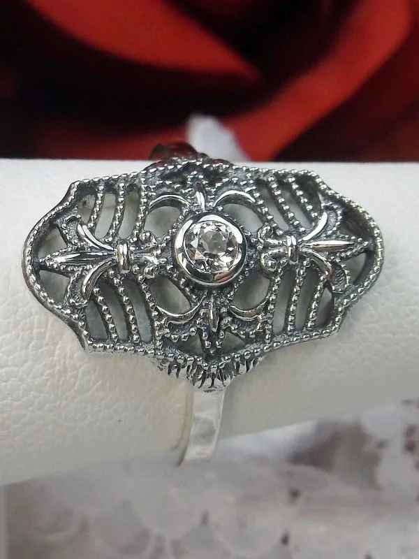 D216, Fleur de Lis Ring, Natural or CZ Round Gem, Art Deco Vintage Jewelry #D216
