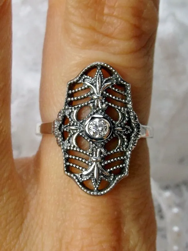 D216, Fleur de Lis Ring, Natural or CZ Round Gem, Art Deco Vintage Jewelry #D216
