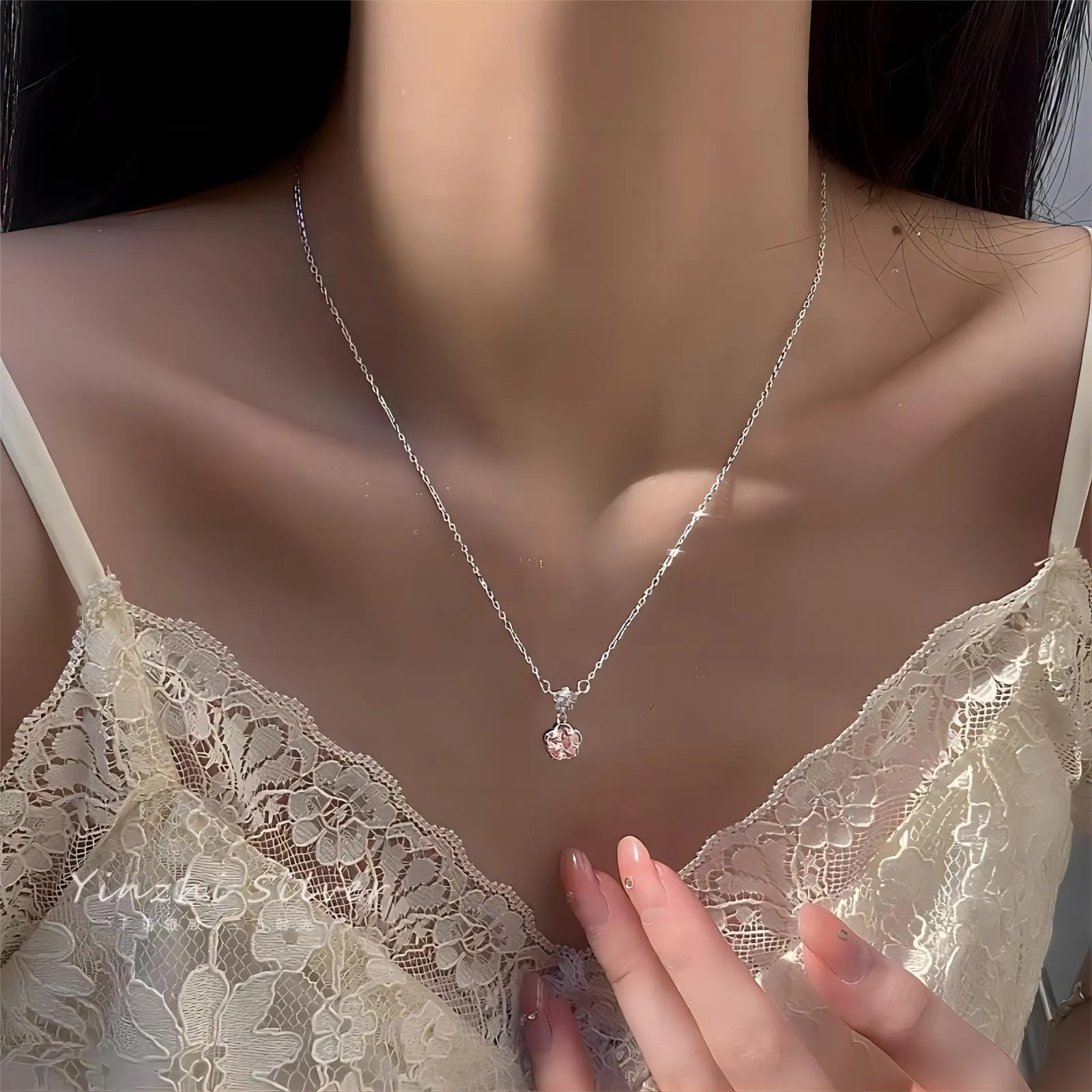 Dainty CZ Inlaid Crystal Cherry Blossom Necklace